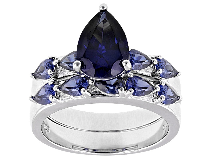 Blue Cubic Zirconia Rhodium Over Sterling Silver Set of 2 Ring 5.32Ctw