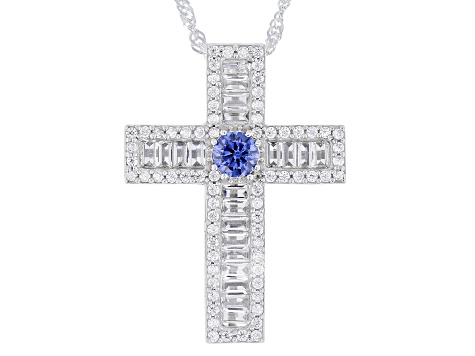 Blue and White Cubic Zirconia Rhodium Over Sterling Silver Cross Pendant 1.70ctw