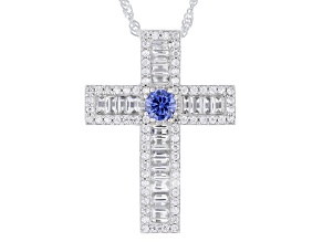 Blue and White Cubic Zirconia Rhodium Over Sterling Silver Cross Pendant 1.70ctw