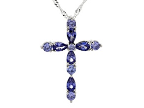 Blue Cubic Zirconia Rhodium Over Sterling Silver Cross Pendant 1.90ctw