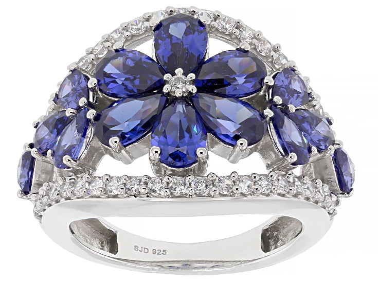 White and Blue Cubic Zirconia Rhodium Over Sterling Silver Ring 6.85ctw
