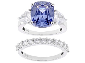 Blue And White Cubic Zirconia Rhodium Over Silver Ring and Band Set 12.00ctw