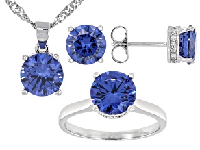 Blue and White Cubic Zirconia Rhodium Over Brass Ring, Pendant and Stud Set 12.29ctw