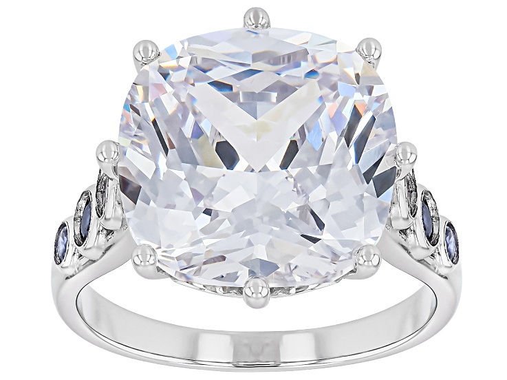 White and Blue Cubic Zirconia Rhodium Over Sterling Silver Ring 16.94ctw