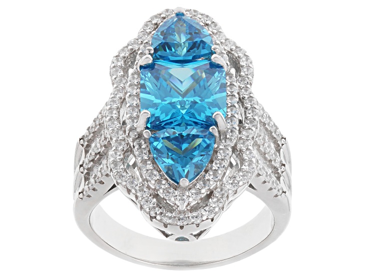 Blue and White Cubic Zirconia Rhodium Over Sterling Silver Ring 8.04ctw