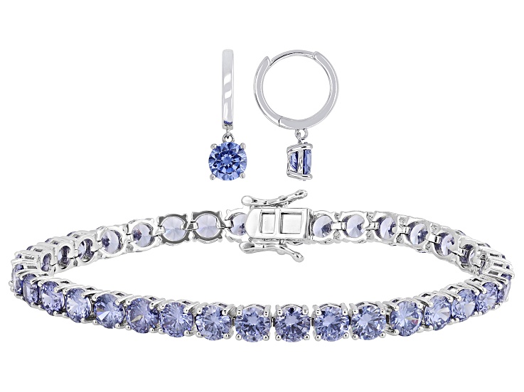 Blue Cubic Zirconia Rhodium Plated Earrings and Bracelet Set 24.78ctw