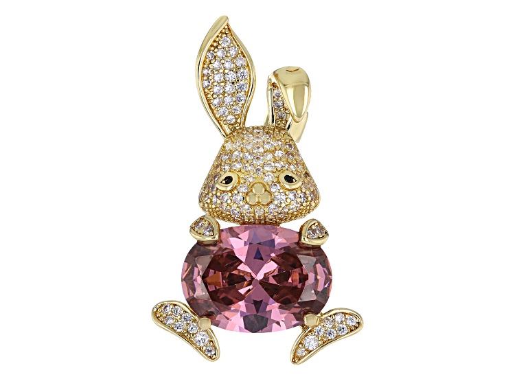 Pink and White Cubic Zirconia With Black Spinel 18k Yellow Gold Plated Ottone Bunny Brooch 10.13ctw