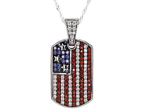 Garnet, White, And Blue Cubic Zirconia Rhodium Over Brass Flag Enhancer Pendant 3.40ctw