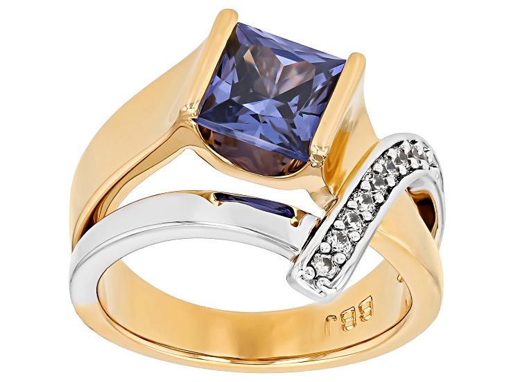 Blue And White Cubic Zirconia Rhodium And 18k Yellow Gold Plated Ottone Ring 3.57ctw