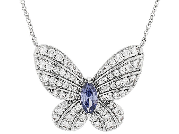 Blue And White Cubic Zirconia Rhodium Plated Butterfly Necklace 1.62ctw