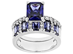 Blue and White Cubic Zirconia Platinum Plated Ottone Set of 2 Ring 6.61ctw