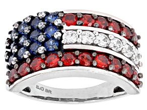 Blue, Red, & White Cubic Zirconia Rhodium Over Brass Cluster Ring 4.11ctw