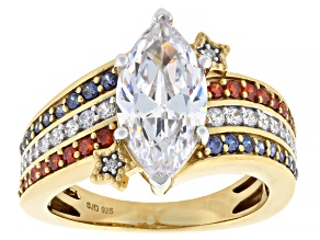 Blue, Red, and White Cubic Zirconia 18k Yellow Gold Over Sterling Silver Ring 5.00ctw