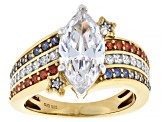 Blue, Red, and White Cubic Zirconia 18k Yellow Gold Over Sterling Silver Ring 5.00ctw