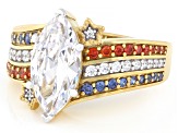 Blue, Red, and White Cubic Zirconia 18k Yellow Gold Over Sterling Silver Ring 5.00ctw
