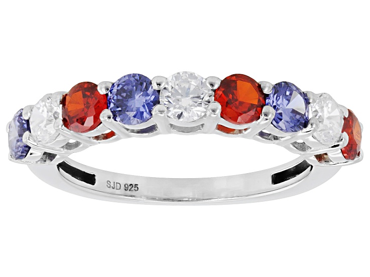 Blue, Red, And White Cubic Zirconia Rhodium Over Sterling Silver Ring 2.25ctw