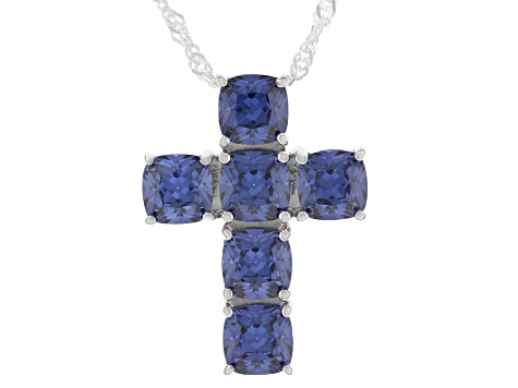 Blue Cubic Zirconia Rhodium Over Sterling Silver Cross Pendant
