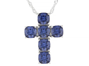 Blue Cubic Zirconia Rhodium Over Sterling Silver Cross Pendant 4.00ctw