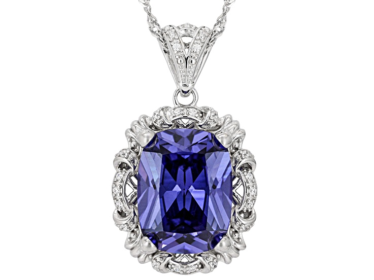 Blue And White Cubic Zirconia Rhodium Over Sterling Silver Pendant 16.16ctw