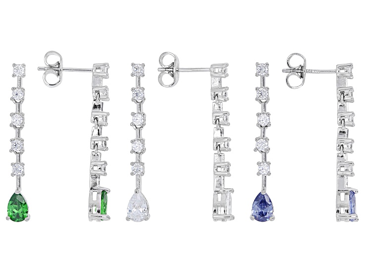 Blue, Green, And White Cubic Zirconia Rhodium Plated Ottone Earring Set 6.42ctw