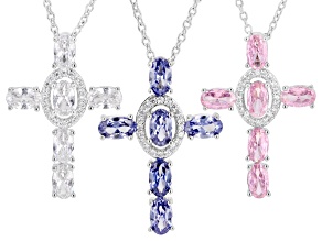 Blue, Pink and White Cubic Zirconia Rhodium Plated Ottone Cross Pendant Set of 3 6.54ctw