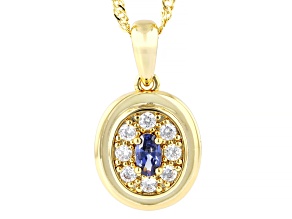 Blue and White Cubic Zirconia 18k Yellow Gold Plated Ottone Pendant with Chain 1.12ctw
