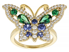Blue, Green, And White Cubic Zirconia 18k Yellow Gold Plated Ottone Butterfly Ring