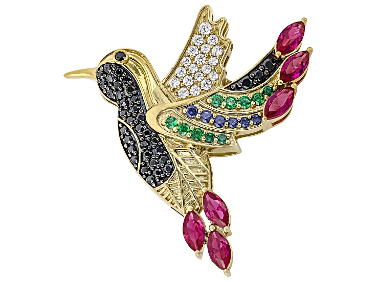 Multi Color Cubic Zirconia 18k Yellow Gold Plated Ottone Hummingbird Brooch 2.40ctw