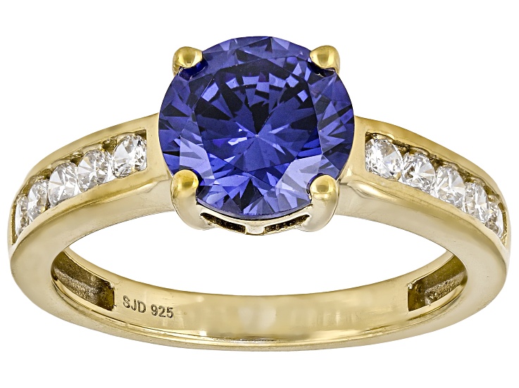 Blue And White Cubic Zirconia 18k Yellow Gold Over Sterling Silver Round Ring 3.30ctw