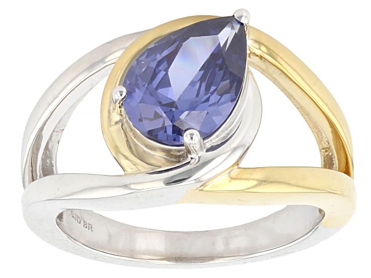 Blue Cubic Zirconia Rhodium and 18k Gold Plated Ottone Ring 2.80ctw