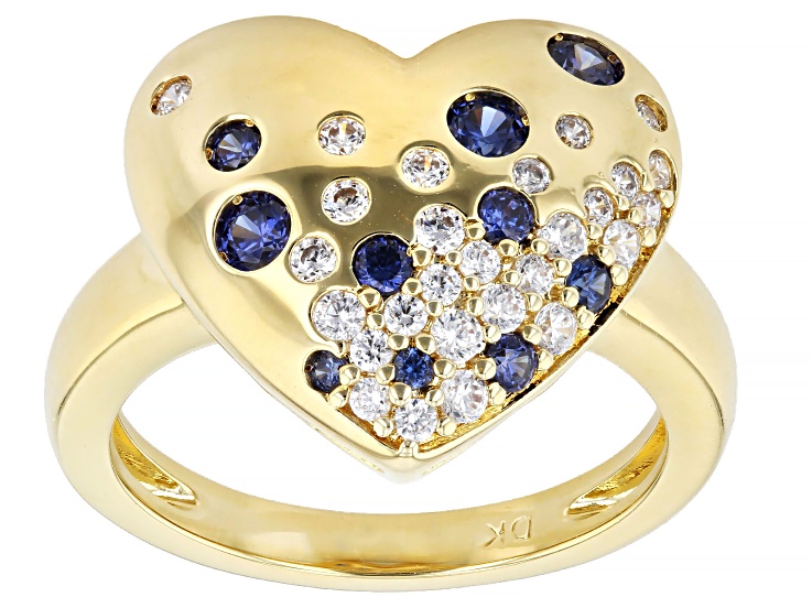 Blue and White Cubic Zirconia 18K Yellow Gold Plated Ottone Heart Ring 6.40ctw