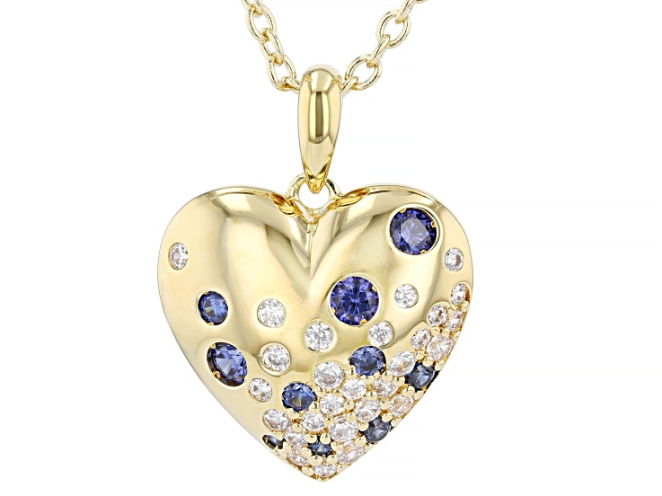 Blue and White Cubic Zirconia 18K Yellow Gold Plated Ottone Heart Pendant with Chain 6.40ctw