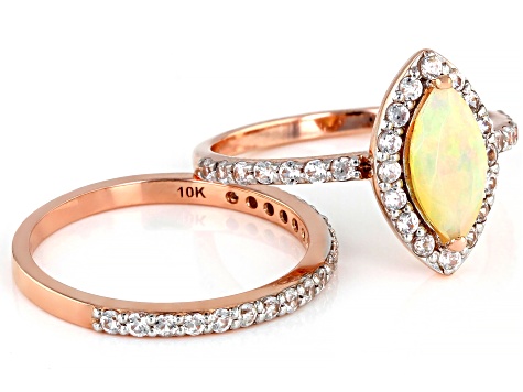 Multi Color Ethiopian Opal Rose Gold 2 Ring Set