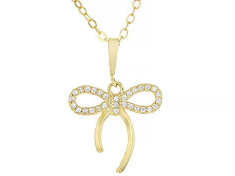 White Cubic Zirconia 18k Yellow Gold Over Sterling Silver Bow Pendant with Holiday Card 0.15ctw