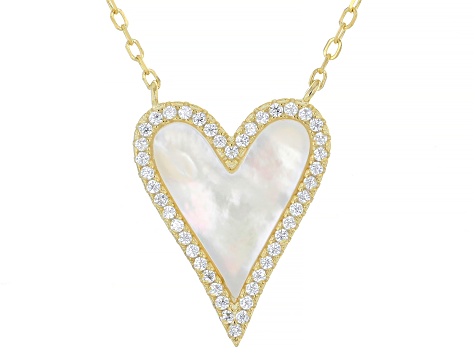 White Cubic Zirconia and Mother-of Pearl 18k Yellow Gold Over Silver Boxed Heart Necklace 0.30ctw