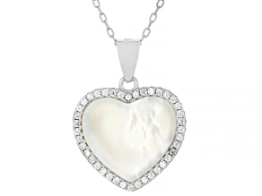 White Cubic Zirconia & Mother-of-Pearl Rhodium Over Sterling Silver Boxed Heart Pendant With Chain