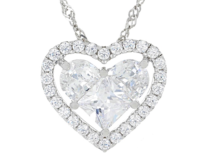 White Cubic Zirconia Rhodium Over Sterling Silver Heart Pendant 4.87ctw