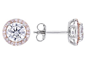 Pink and White Cubic Zirconia 18k Rose Gold and Rhodium Over Silver Halo Stud Earrings 3.22ctw