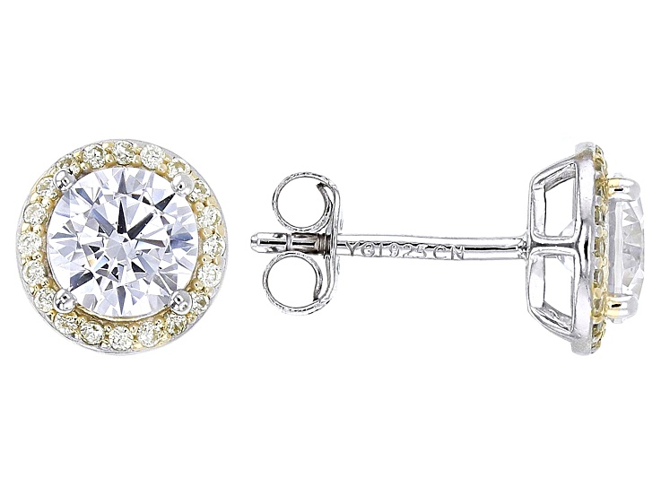 Yellow and White Cubic Zirconia 18k Yellow Gold and Rhodium Over Silver Halo Earrings 3.22ctw