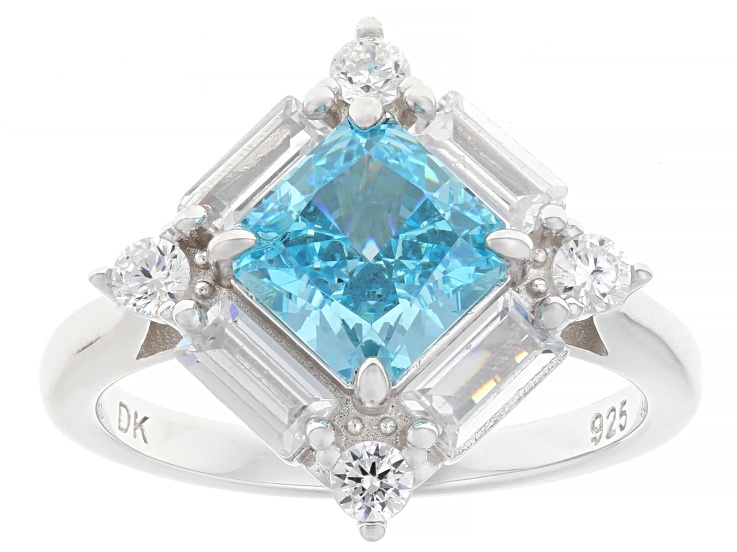 Blue and White Cubic Zirconia Rhodium Over Sterling Silver Ice Flower Cut Ring 4.63ctw