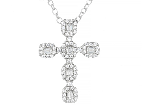 White Cubic Zirconia Rhodium Over Sterling Silver Cross Pendant 0.85ctw