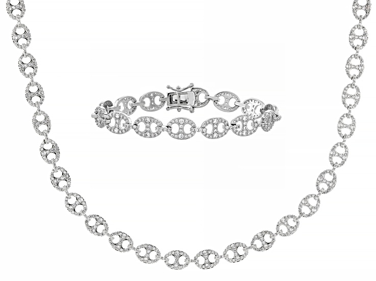 White Cubic Zirconia Rhodium Plated Mariner Link Bracelet and Necklace Set 20.24ctw