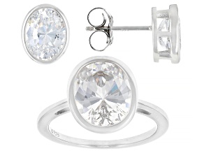 White Cubic Zirconia Platinum Over Sterling Silver Ring and Earring Boxed Set 11.42ctw