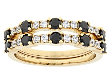Picture of White and Black Cubic Zirconia 18k Yellow Gold Over Sterling Silver Band Ring Set of 2 1.30ctw
