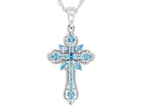 Blue Cubic Zirconia Rhodium Over Sterling Silver Cross Pendant 0.80ctw