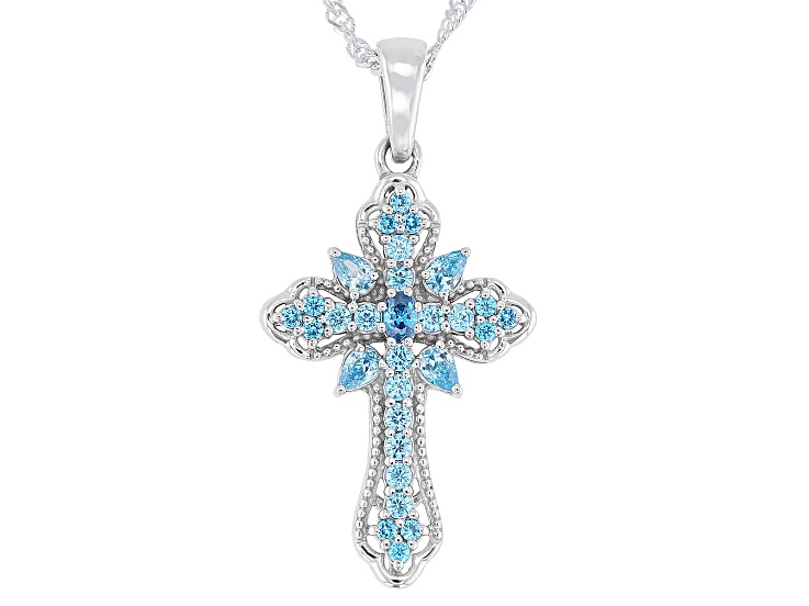 Blue Cubic Zirconia Rhodium Over Sterling Silver Cross Pendant