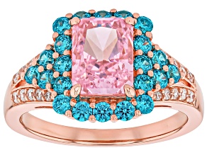 Pink, Aquamarine and White Cubic Zirconia 18K Rose Gold Over Sterling Silver Ring 4.40ctw