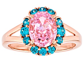 Pink and Aquamarine Cubic Zirconia 18K Rose Gold Over Sterling Silver Ring 4.71ctw