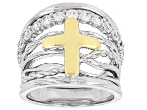 White Cubic Zirconia Rhodium and 18k Yellow Gold Over Sterling Silver Cross Ring 1.56ctw