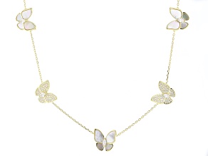 White Cubic Zirconia and Mother of Pearl 18k Yellow Gold Over Silver Butterfly Necklace 1.35ctw